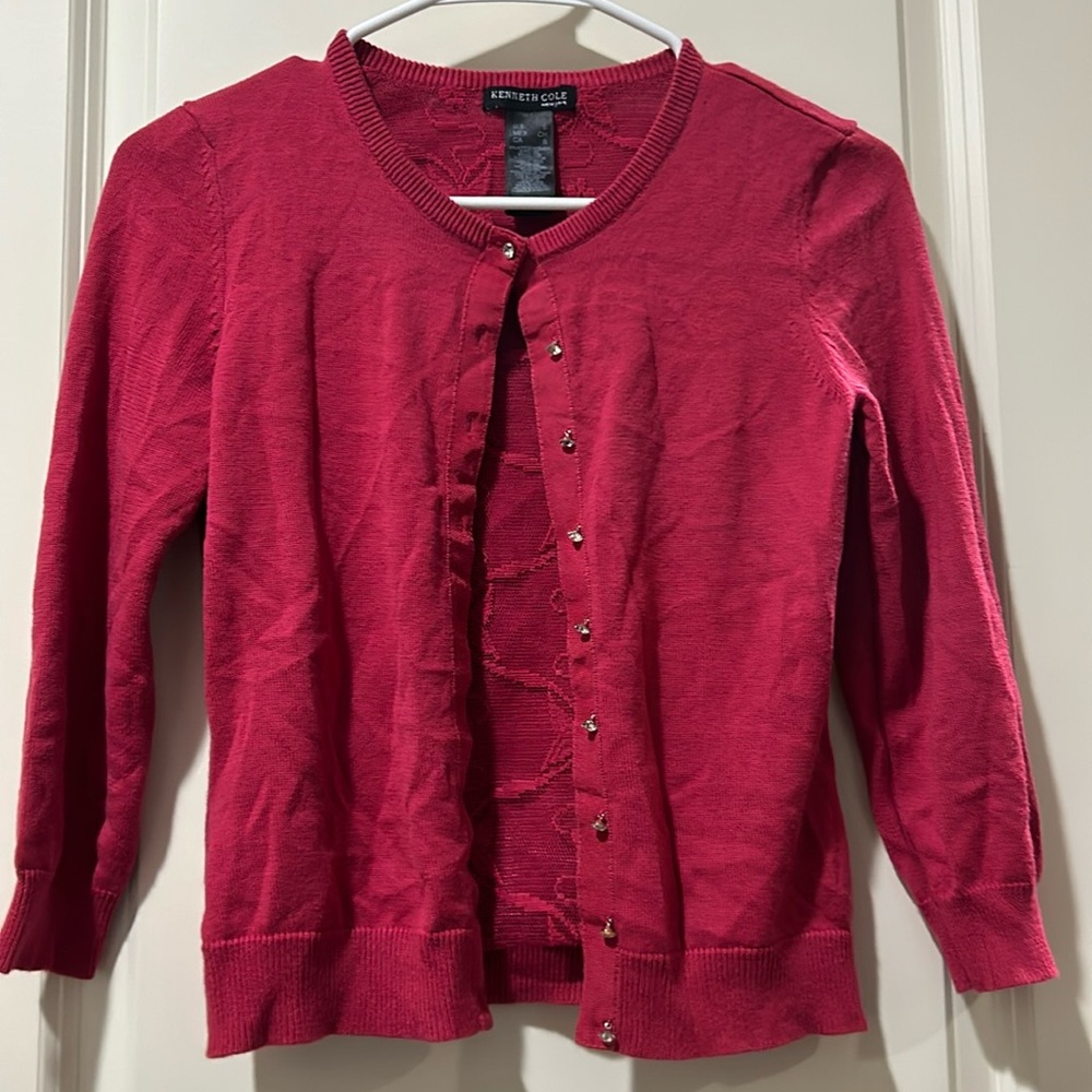 Kenneth Cole New York women cardigan rhinestone button down sweater size S pink